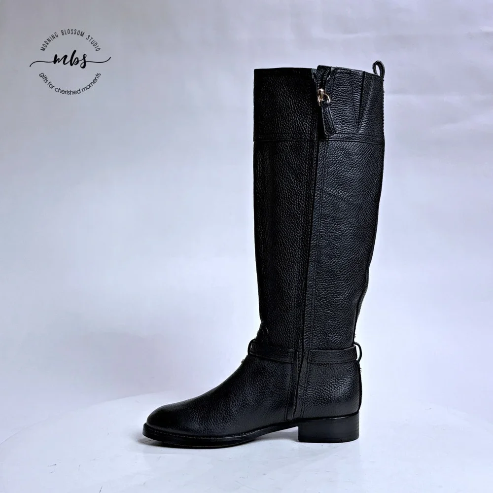 NWOT Tory Burch Thea Riding Boots Equestrian Leather Zip‎ Buckle Black Women 6.5